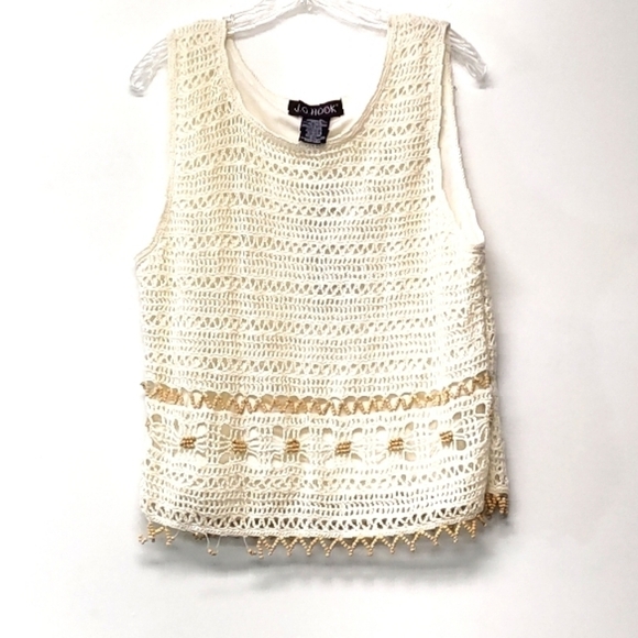 J. G. Hook scoop neckline beaded hemline cropped crochet çream top Size: 14. - Picture 1 of 6
